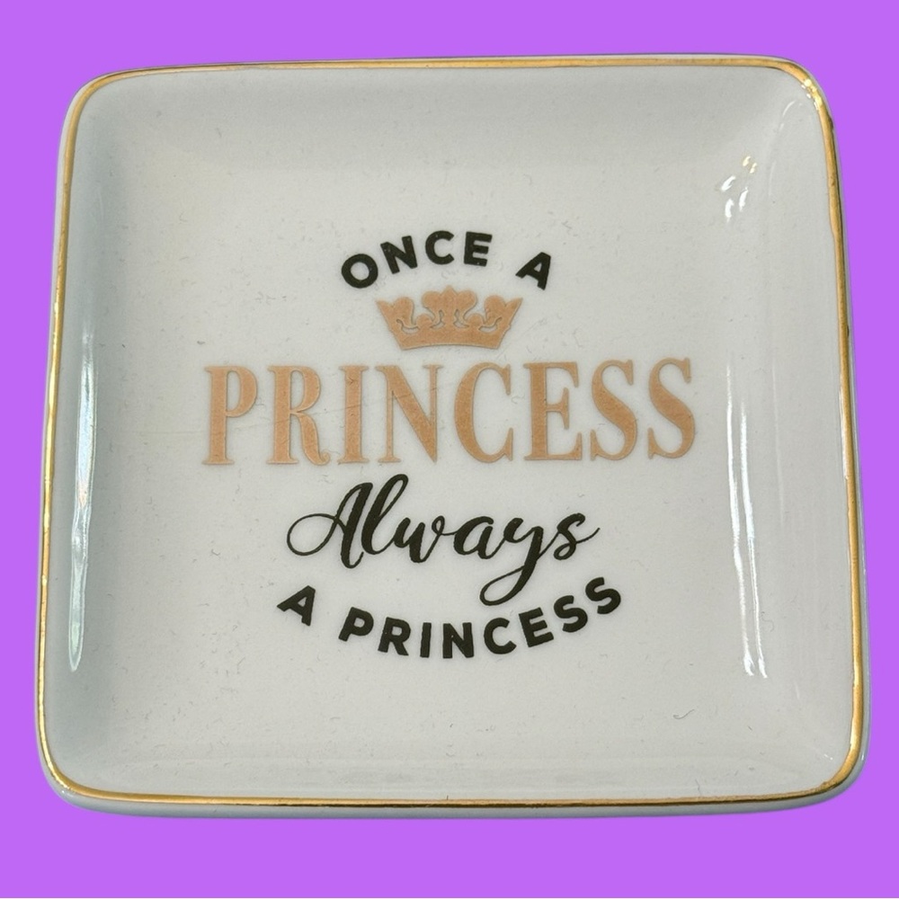 NWT White Ceramic Jewelry/Keys/Trinket Dish with Black & Gold Alway A Princess